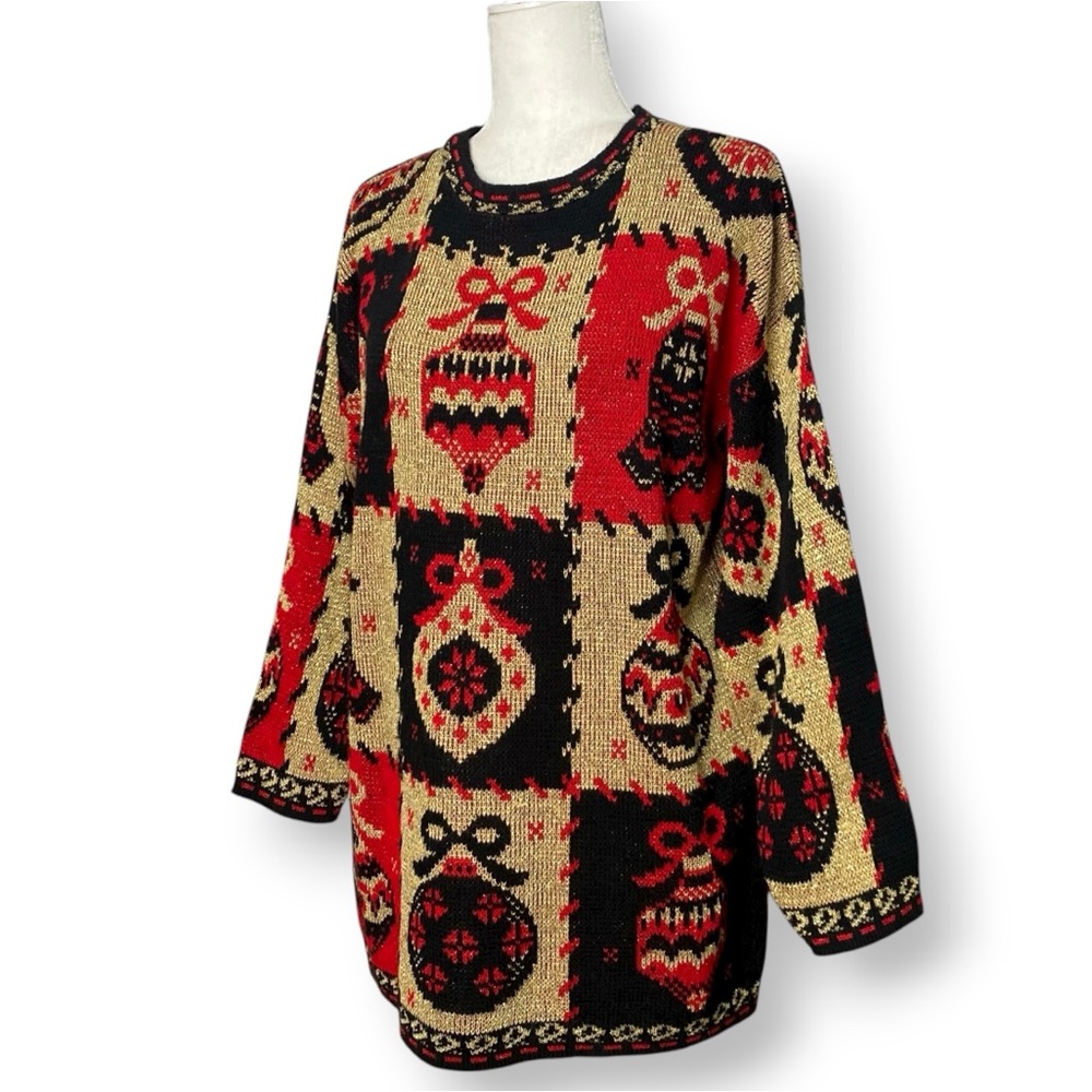 Vtg Gold Metallic Shimmer Lurex Knit Ornament Holiday Granny Christmas Sweater M